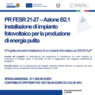 PR FESR 21-27 – Azione B2.1Installazione di impianto fotovoltaico per la produzione di energia pulita